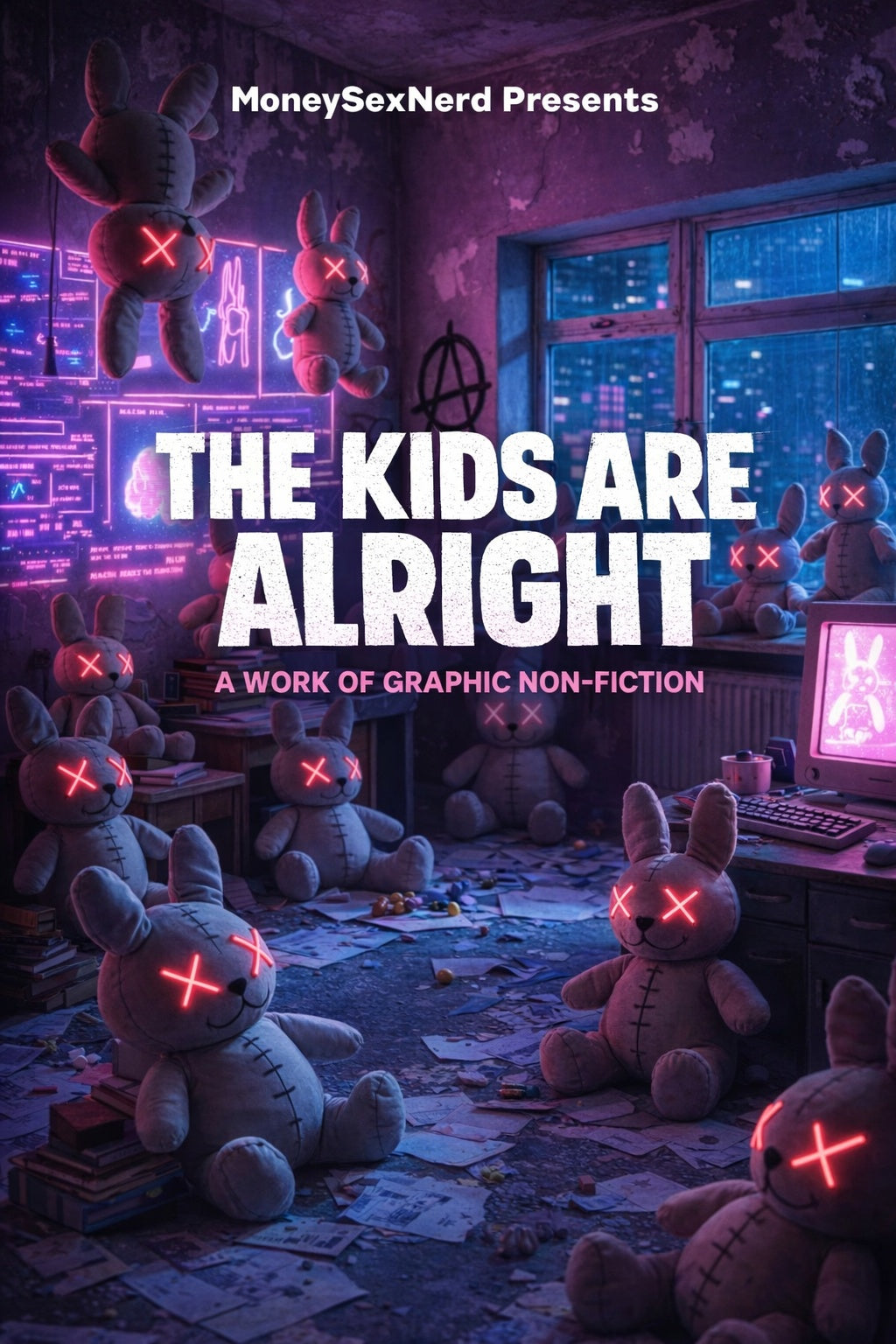 Room with plush toys and electronic equipment, featuring text 'The Kids Are Alright' by MoneySexNerd.